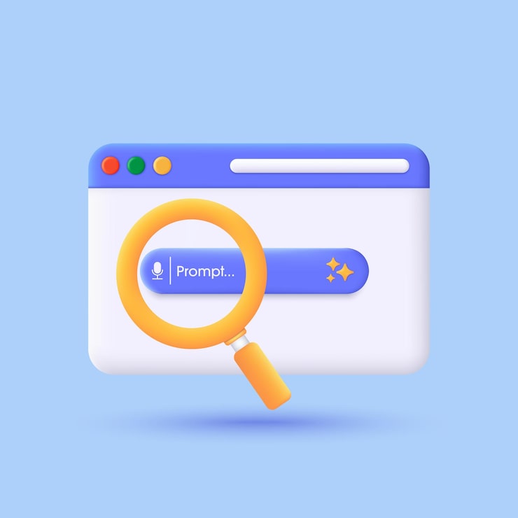 Vector 3d web browser with generate bar and magnifying glass ai assistant and tool concept of artificial intelligence input prompt as commands for search and analysis by ai modern vector in 3d style