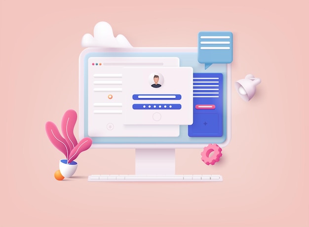 3D 웹  ⁇ 터 일러스트레이션 컴퓨터 및 계정 로그인 및 비밀번호 양식 페이지 화면에 계정 사용자 권한 로그인 인증 페이지 개념 사용자 이름 비밀번호 필드