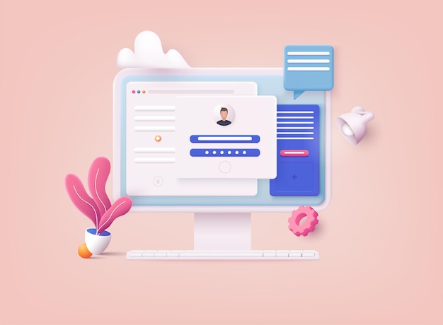 Illustrazioni vettoriali web 3d pagina del modulo di accesso e password del computer e dell'account sullo schermo accedi all'account utente autorizzazione accesso autenticazione pagina concetto campi nome utente password