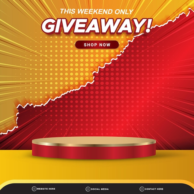 3d weekend giveaway banner modello di social media post con spazio vuoto podio 3d per prodotto con disegno astratto di sfondo sfumato rosso e arancione