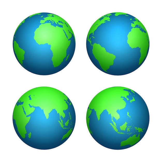 Vector 3d-wereldbol aarde. wereldkaart met groene continenten en blauwe oceanen. geïsoleerde set