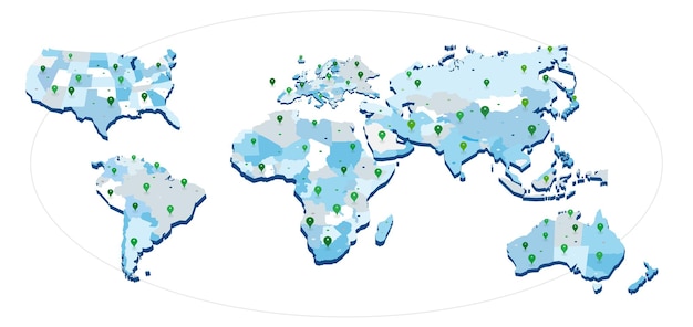 3d-wereldkaart met geo-pinnen