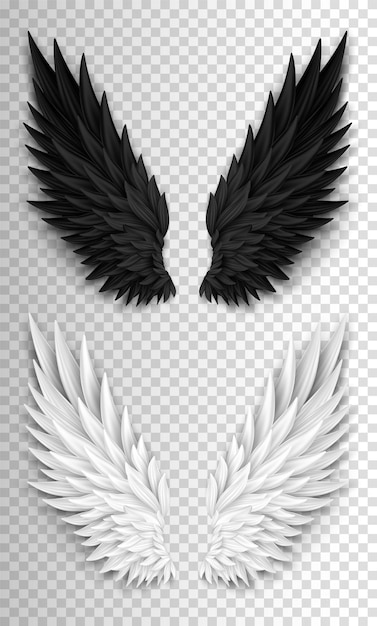 Vector 3d white angel wings and dark devil, daemon wings. heaven and hell concept. halloween costume