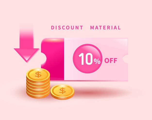 3d white blank discount coupon and coins on pink background