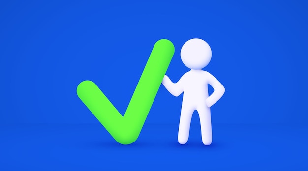 Vector 3d white cartoon man holding big approve sign choice concept isolated blue background
