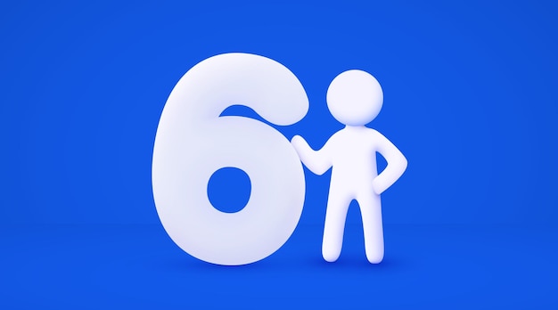 3d white cartoon man holding big number 6 Number Six Isolated blue background