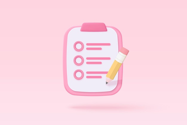 3d white clipboard task management todo check list con matita lavoro efficiente sul piano di progetto avanzamento veloce level up concept assegnazione ed esame checklist icon 3d vector render su sfondo rosa