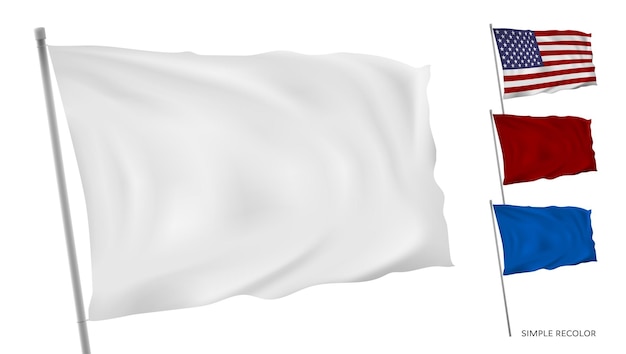 Vettore bandiera bianca 3d sull'asta della bandiera nel vento semplice ricolorazione