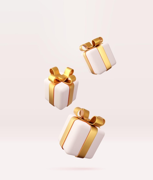金色のリボンと弓で3Dの白いギフトボックス 誕生日祝いのコンセプト メリーニューイヤーとメリークリスマス 金色の弓で白いギフトボックス 3Dレンダリング ベクトルイラスト