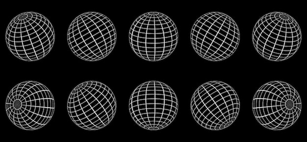 3D White Globe Grid Sphere Set на черном фоне Геометрическая круглая сетка Mesh Ball Wireframe Globe