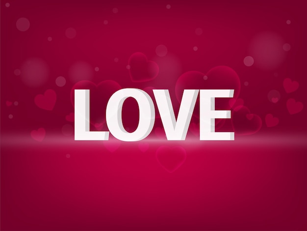 3D White Love Font With Bubble Or Transparent Hearts On Dark Pink Gradient Bokeh Background.