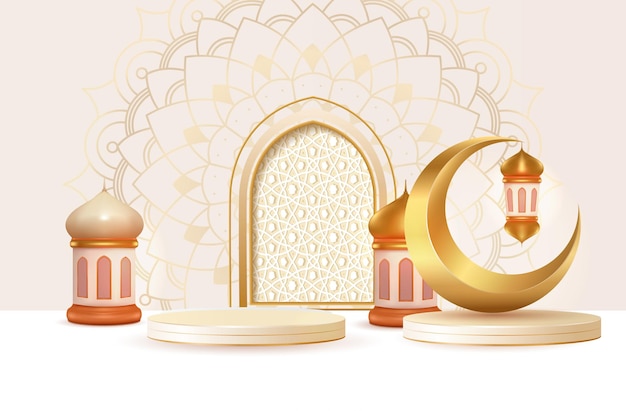 3d white modern Islamic holiday banner template Composition of a gold lantern and crescent moon