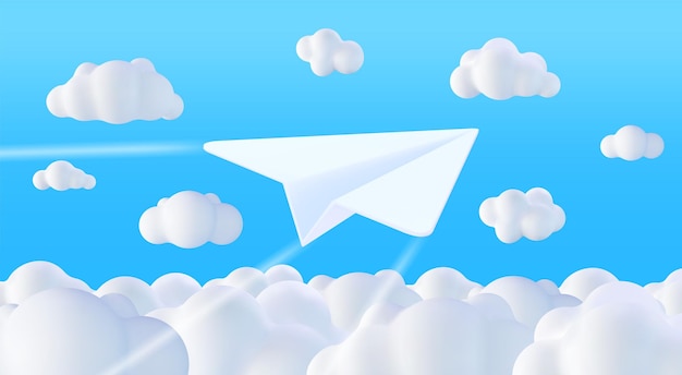 3D White Paper Plane in Sky with Clouds