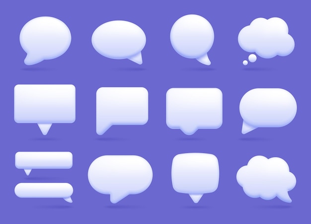 3d white speech bubble, social media chat message icon. Empty text bubbles in various shapes, comment, dialogue balloon vector set