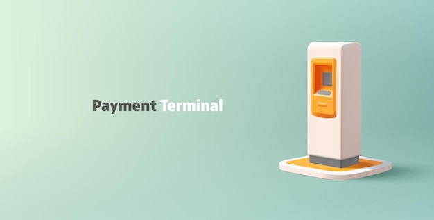 오렌지색으로 렌더링 된 3D 화이트 카 ATM 기계 현실적인 스크린과 버튼이 기단 위에 서 있습니다.