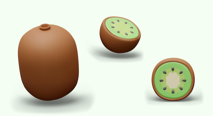 Vector 3d whole kiwi and half fruit with brown skin and green core black seeds