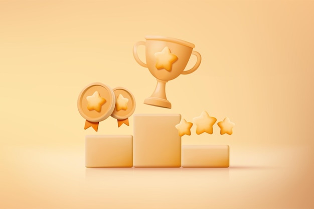 3D-winnaars minimaal met gouden beker gouden winnaars sterren op podium achtergrond Prijsuitreiking eerste en tweede en derde concept op podium 3D-vector render geïsoleerd op gele achtergrond