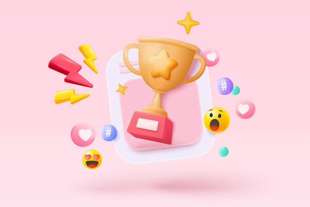 3d-winnaars prijs met gouden beker gouden winnaars sterren voor beloningsceremonie prijsceremonie eerste en tweede en derde concept op het podium 3d trofee icoon vector render geïsoleerd op pastel achtergrond