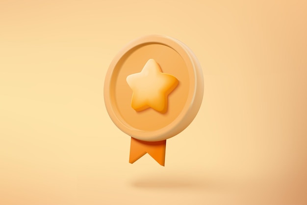 Vector 3d winner medal with star and ribbon on pastel yellow background quality guarantee of product champion award with cartoon minimal style 3d graphics medal rating icon vector rendering illustration