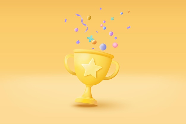 金色のカップで最小限の3d勝者金色の背景に浮かぶオブジェクトを持つ金の勝者星漫画スタイルの授賞式のコンセプト黄色のパステルカラーの背景に分離された3dベクトルレンダリング