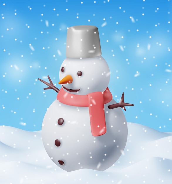 3D Winter Kerst Achtergrond Sneeuwpop en Sneeuw Render Winterlandschap met sneeuwt Gelukkig Nieuwjaar Viering Nieuwjaar Kerstvakantie Realistische vectorillustratie