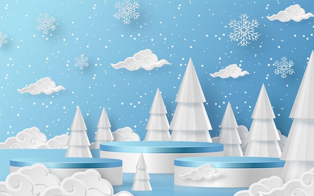 3d Winter Sale podium for banner illustration on festive pattern with snowflakes concept