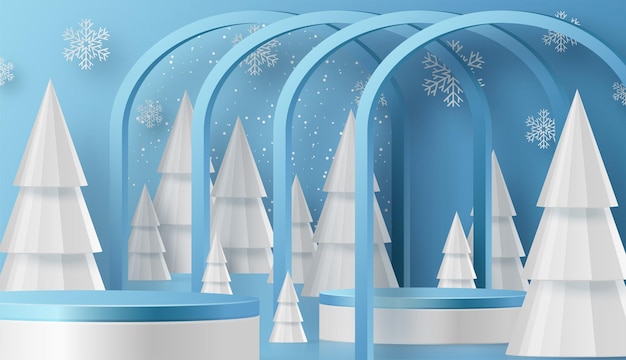 3d winter sale podium voor banner illustratie op feestelijk patroon met sneeuwvlokken concept op kleur achtergrond.