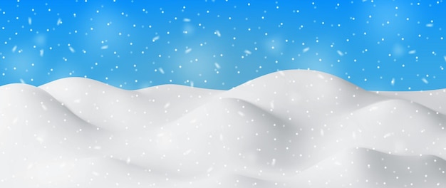 3D-winterlandschap met sneeuwbanken en sneeuwweergave Kerstsneeuwafwijkingen op blauwe hemelachtergrond Wintersneeuwgrond Sneeuwjachtheuvel Ijslaag Realistische vectorillustratie