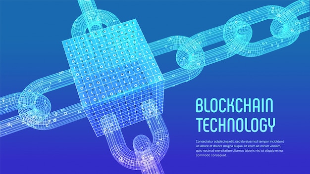 3d 와이어 프레임 체인 및 디지털 코드가있는 등각 디지털 블록