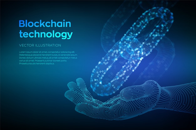 3D каркасная цепь с цифровыми блоками в роботизированной руке