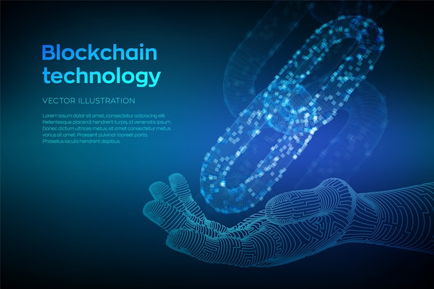 3d wireframe chain with digital blocks in robotic hand