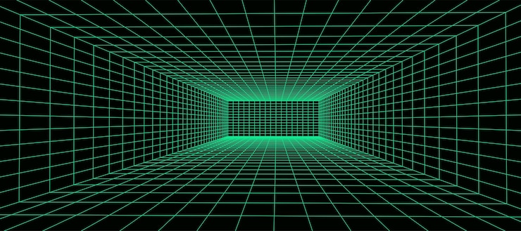 Vector 3d 와이어 프레임 녹색 방 추상 관점 격자 레트로 미래 개념 벡터 일러스트 레이 션
