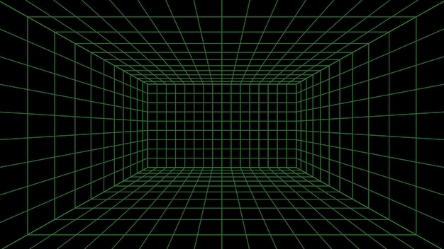 3d wireframe grid room 3d perspective laser grid 16 9 cyberspace black background with green mesh futuristic digital hallway space in virtual reality vector illustration