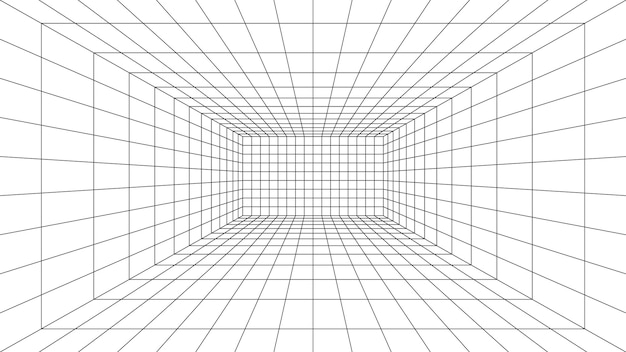 3d 와이어프레임 그리드 룸입니다. 3d 관점 레이저 그리드 16 9. 검은 메쉬와 사이버 공간 흰색 배경입니다. 가상 현실의 미래형 디지털 복도 공간입니다. 벡터 일러스트 레이 션.