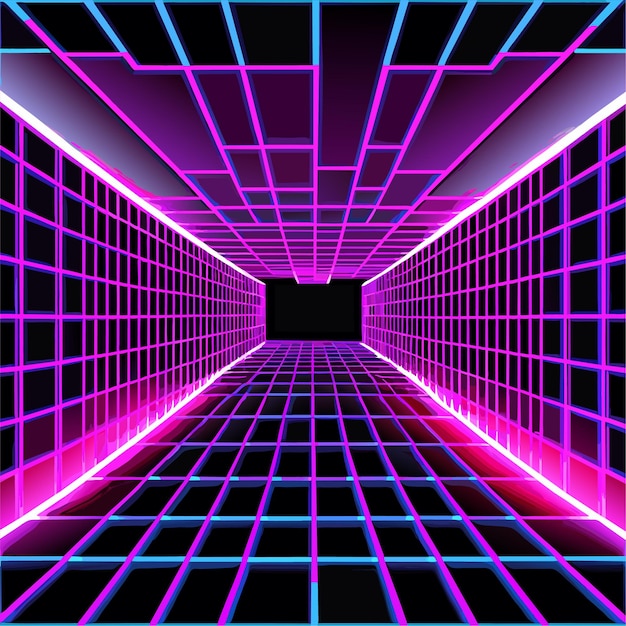 Sala wireframe 3d colorata su sfondo scuro griglia prospettica astratta illustrazione vettoriale