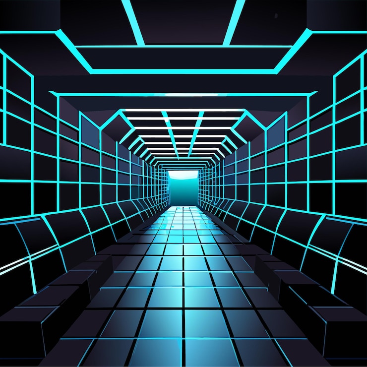 Vector 3d wireframe room colorful on dark background abstract perspective grid vector illustration