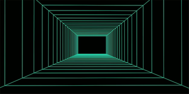 어두운 배경에 녹색 3D 와이어 프레임 룸 추상 관점 격자 벡터 일러스트 레이 션