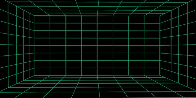 Vector 3d wireframe room mesh on green background abstract perspective grid vector illustration