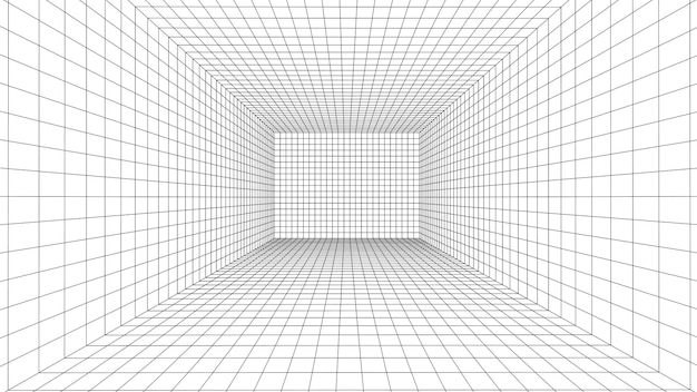 3D wireframe room mesh on white background Abstract perspective grid Vector illustration