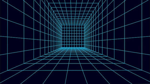 3D wireframe room white on blue background Abstract perspective grid Vector illustration