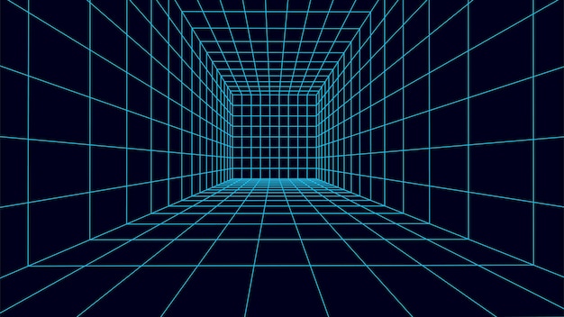 Трехмерная каркасная комната белого цвета на синем фоне абстрактная перспективная сетка векторная иллюстрация