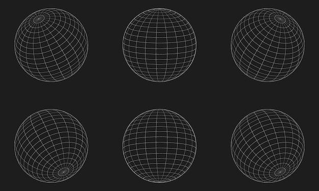 Vector 3d wireframe sphere collection globe or ball in circle net wire retro futuristic aesthetic geometry wireframe shapes grid