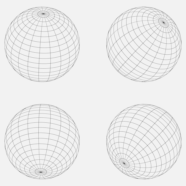 Вектор 3d wireframe коллекция сфер глобус или шар в круге сетчатая проволока ретро футуристическая эстетическая геометрия каркасные формы сетки