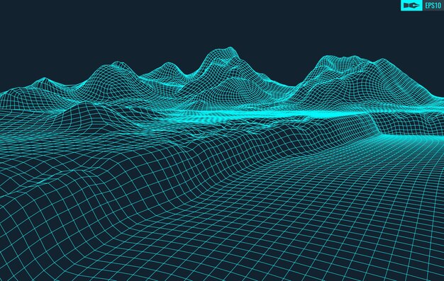 3D Wireframe Terrein Groothoek EPS10 Vector