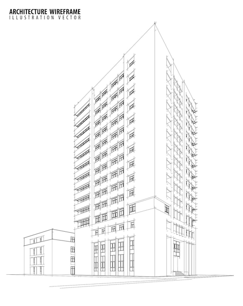 Vector 3d wireframe van het ontwerp van de schets van het gebouw vector