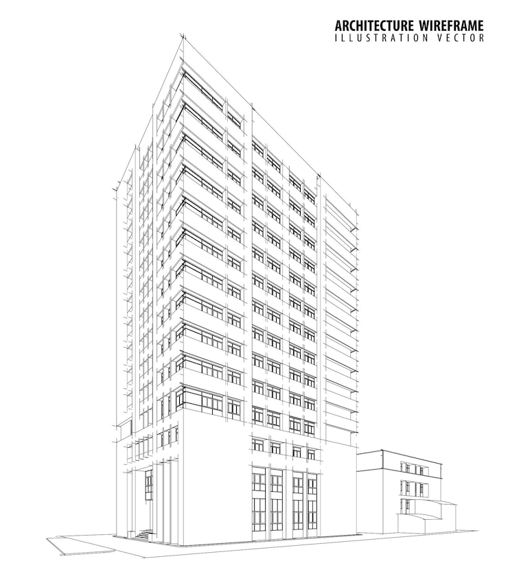 3d wireframe van het ontwerp van de schets van het gebouw Vector