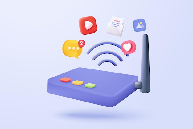 Vector 3d wireless router connection and sharing network on internet hotspot access point for digital and online coverage broadcasting area with wifi 3d wireless signal icon rendering vector illustration