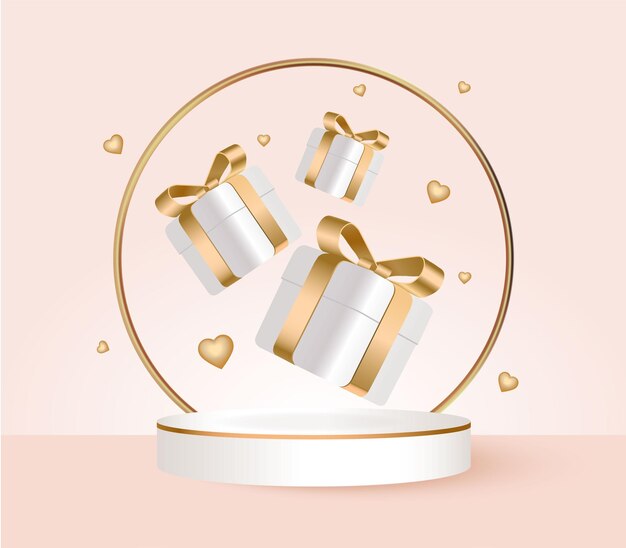 3D-witte geschenkdoos verpakt gouden lint met gouden harten