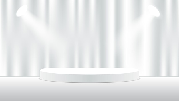 3d-witte podium achtergrond met gordijnen en lichten voor de presentatie van producten