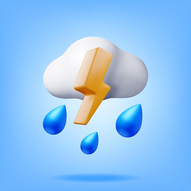 3D-wolk met bliksem en waterdruppel Icon geïsoleerd Render Zware regen Weer Icon onweersbui in fluffy wolk Realistische weer symbool Vector illustratie